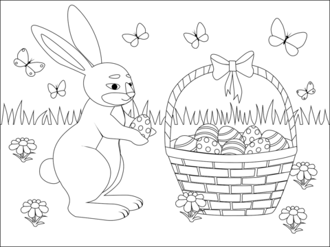 Easter Basket And Bunny Coloring Page